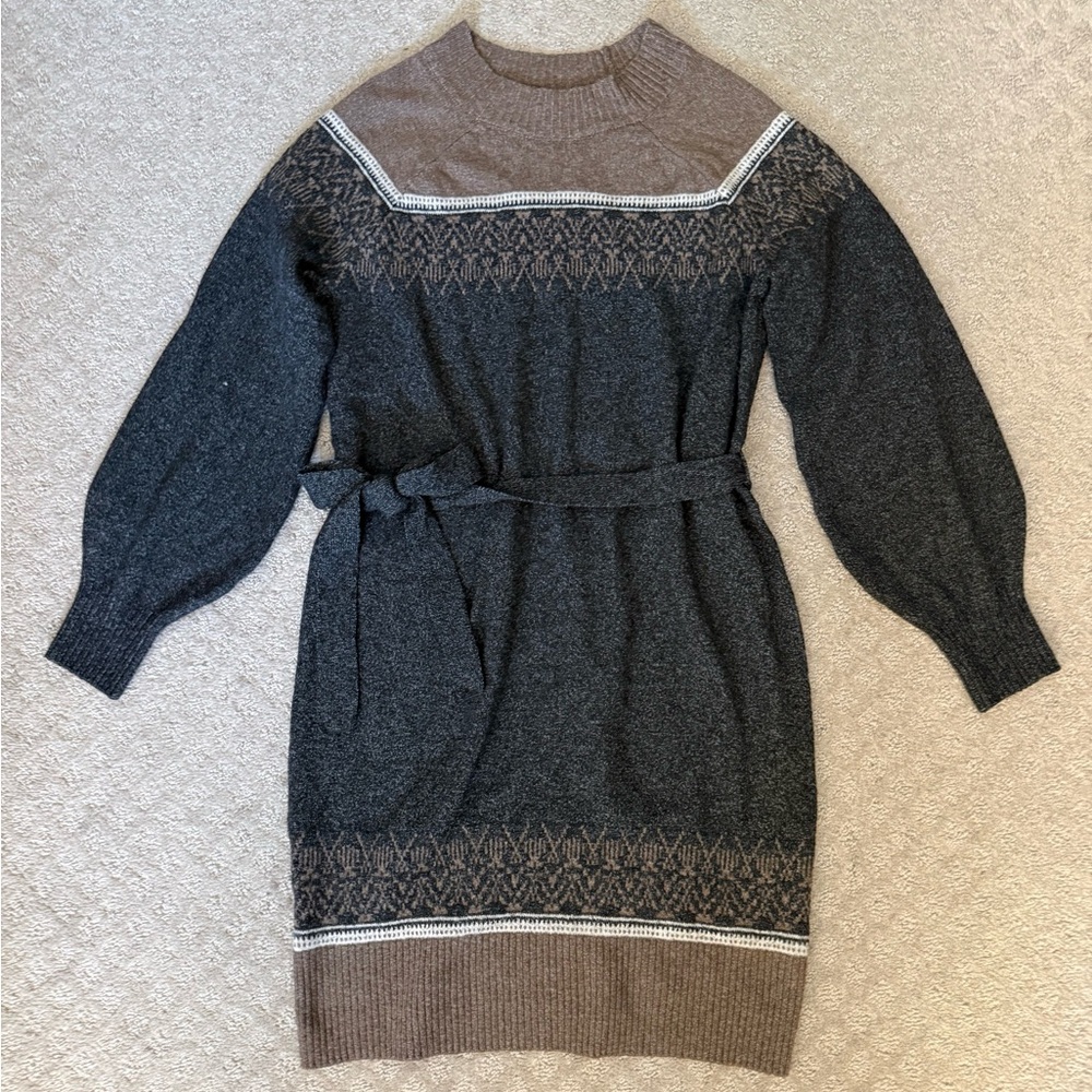 Lucky Brand Fair Isle Grey and Brown Long Sleeve Dress Belted Waist Cozy Winter